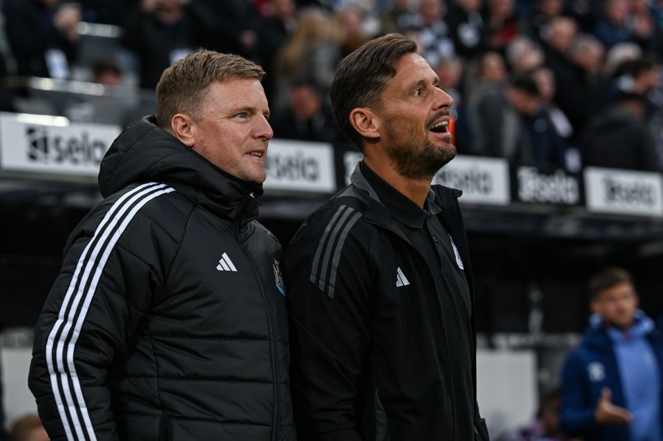 Eddie Howe and Jason Tindall, Newcastle United coaches.