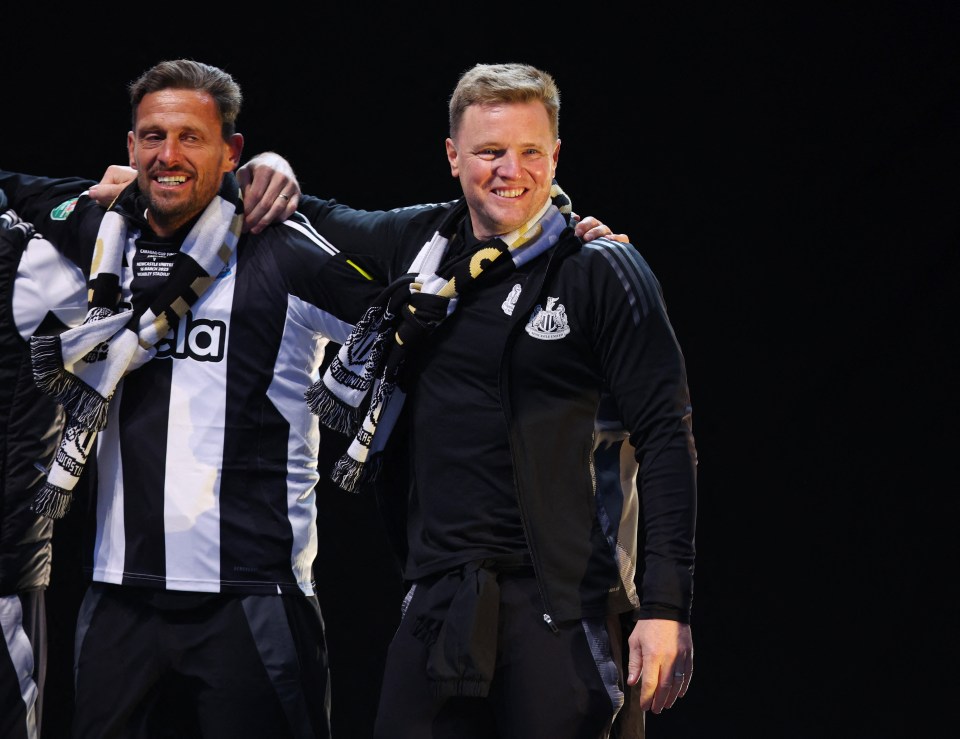 Eddie Howe and Jason Tindall celebrating at a Newcastle United victory parade.
