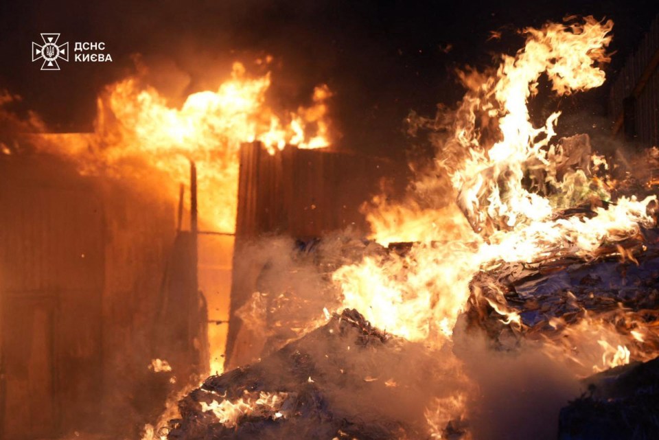 Fire following a missile attack in Kyiv.