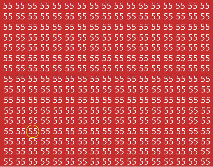 Illustration of a grid of the number 55, with one 5 circled.