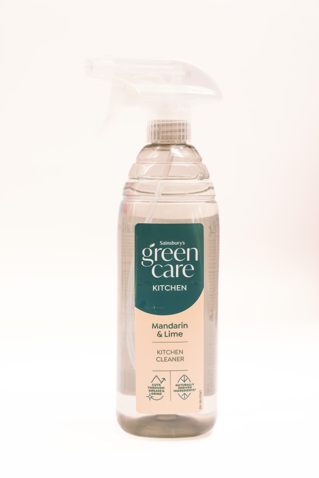 Sainsbury's Green Care Mandarin & Lime kitchen cleaner spray bottle.