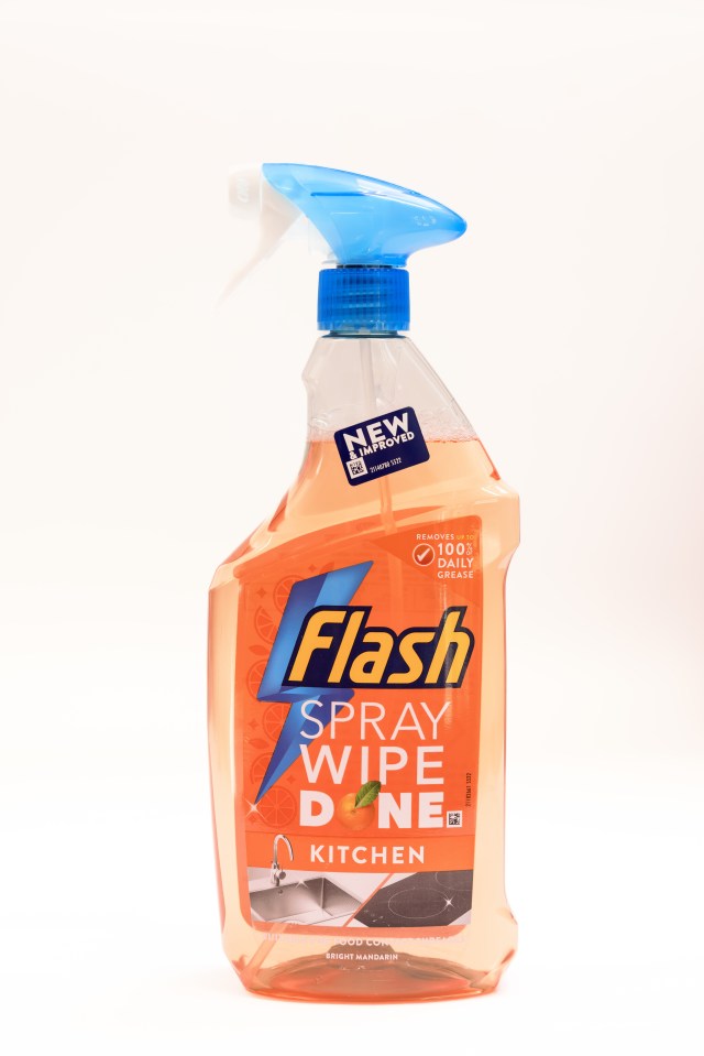 Flash Spray Wipe Done kitchen cleaner bottle.