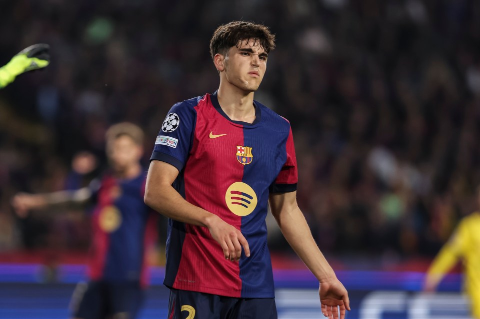 Pau Cubarsi of FC Barcelona during a UEFA Champions League match.