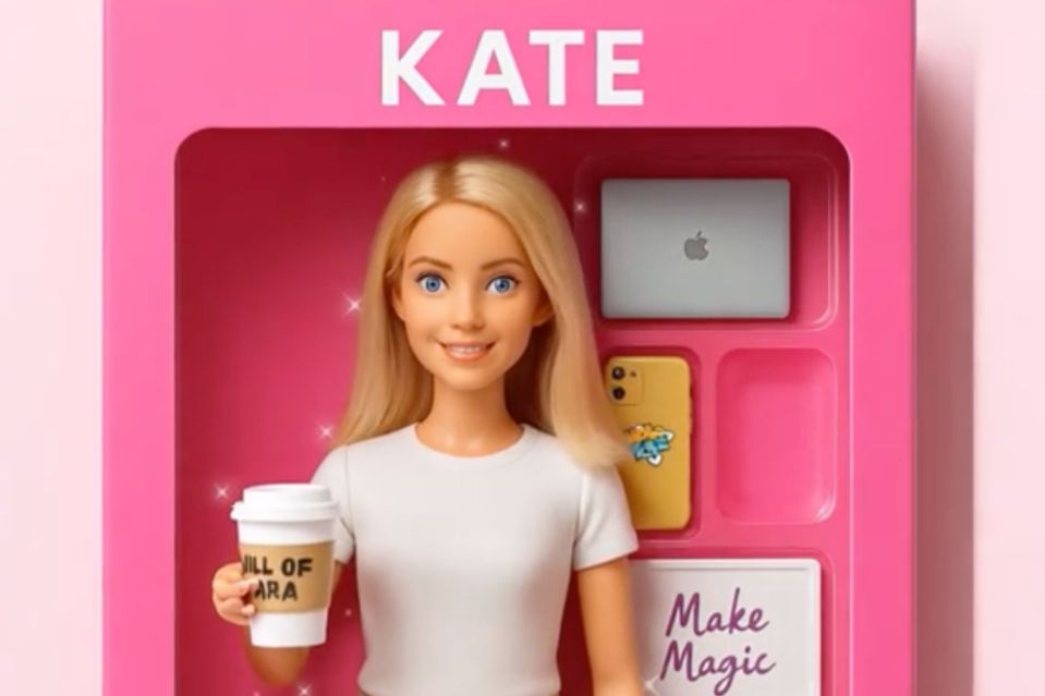 An image collage containing 1 images, Image 1 shows Illustration of a Barbie doll in a pink box, labeled "CEO," holding a coffee cup