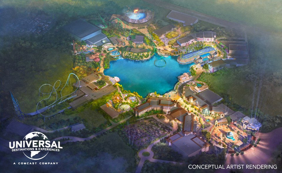 Conceptual artist rendering of a Universal theme park and resort.