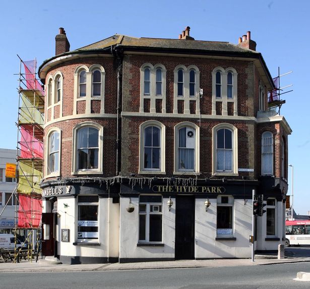 The Hyde Park pub on Mutley Plain in Plymouth, Devon is pictured from the street with blue sky in the background.