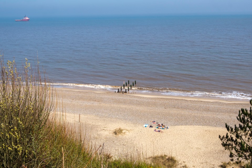 Beach scene with people sunbathing and a ship in the distance.