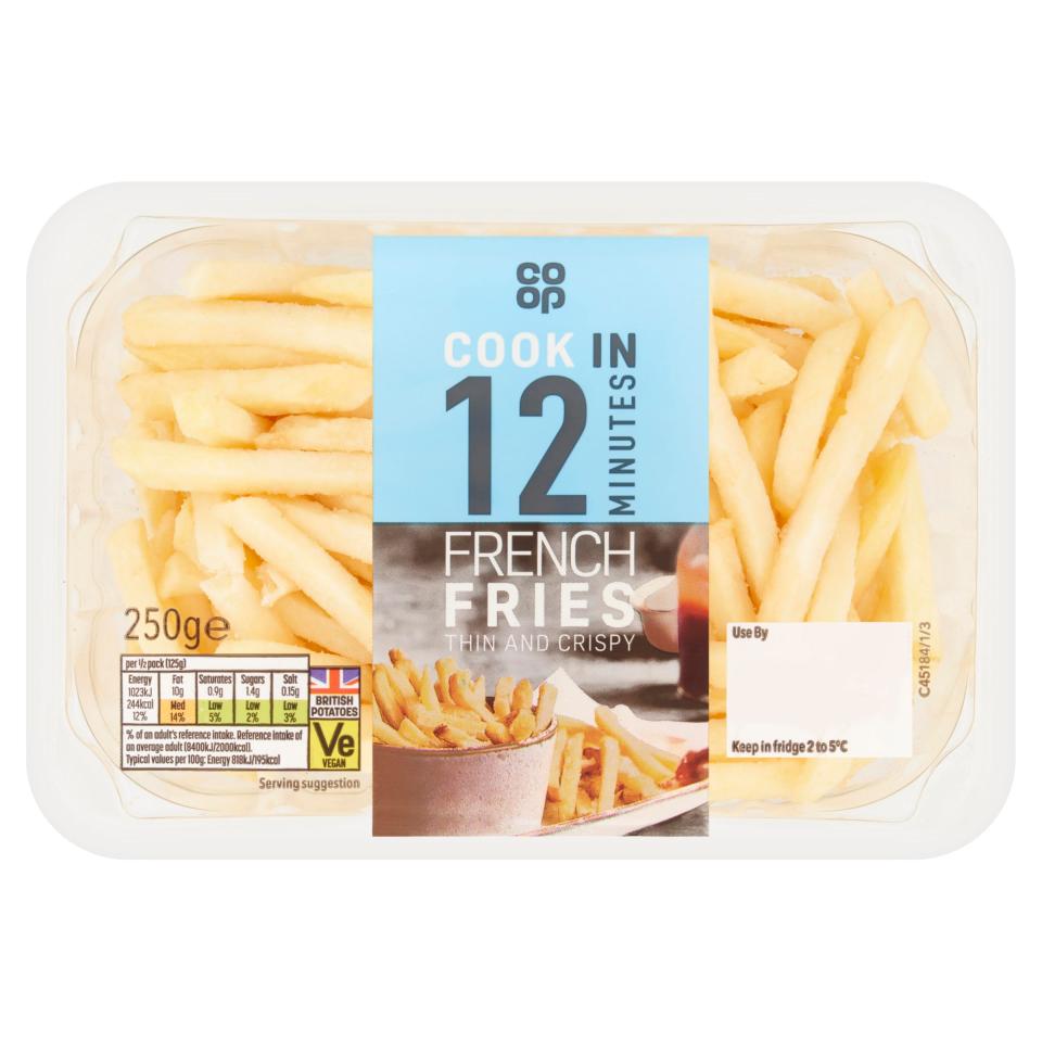 Package of Co-op 250g thin and crispy French fries.