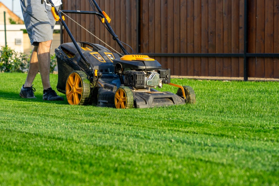 Man mowing lawn with lawnmower.