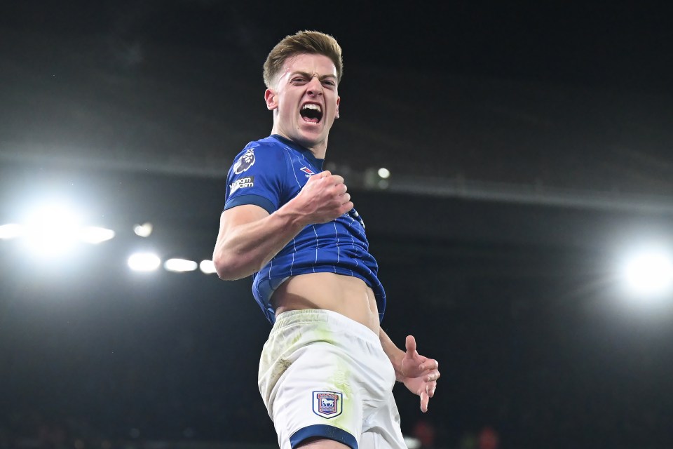 Liam Delap of Ipswich Town celebrating a goal.