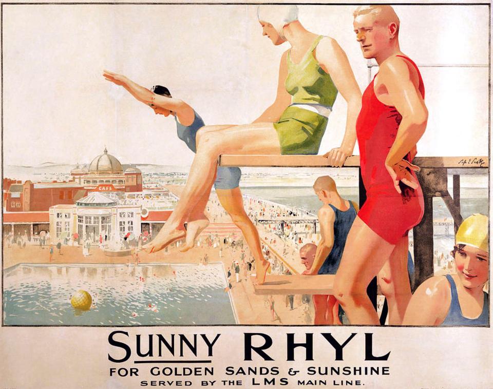 Illustration of people enjoying Sunny Rhyl beach in the 1930s.
