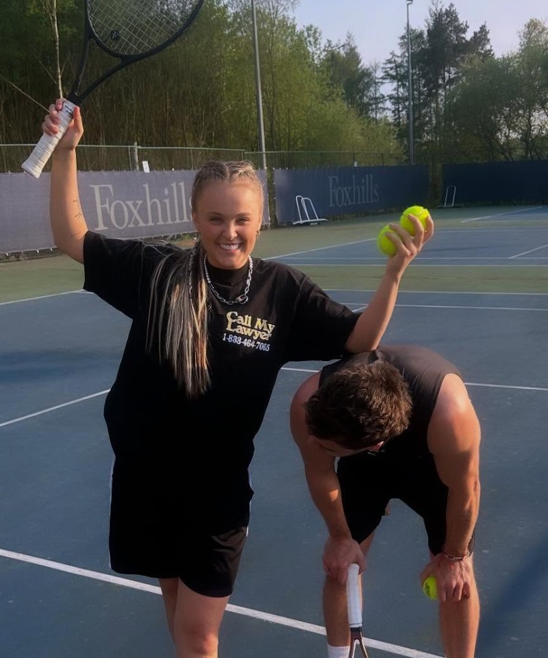 Jojo Siwa and Chris Hughes playing tennis.