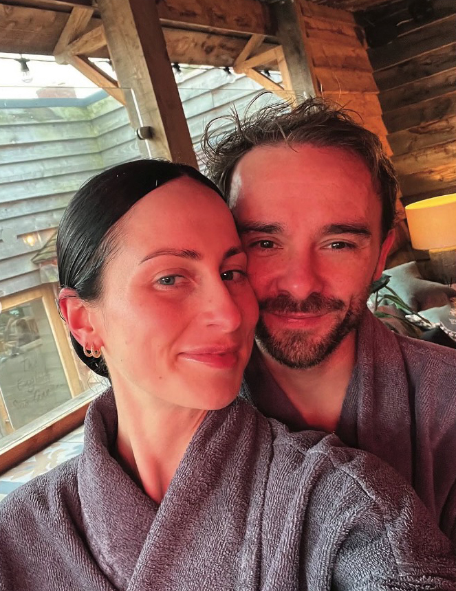Jack P. Shepherd and Hanni Treweek in bathrobes.