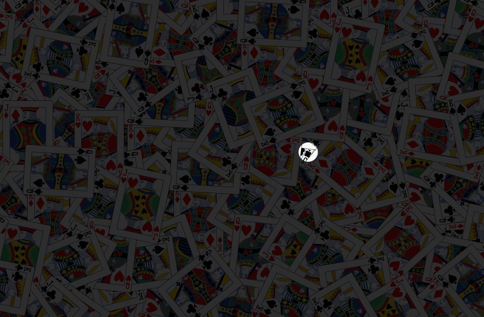 Illustration of a playing card hidden among many other playing cards.