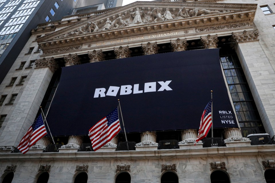Roblox logo displayed on a banner at the New York Stock Exchange.