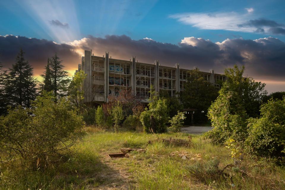 Graffiti-covered abandoned hotel in Croatia.