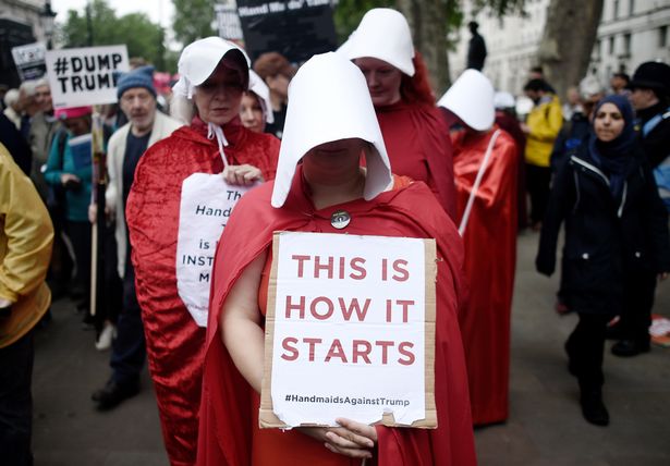 Even back in 2019, protesters in the London dressed as handmaids to draw attention to President Trump's policies on his three-day state visit 