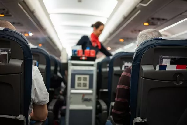 Rear view of people flying in the airplane with flight attendant serving refreshment.