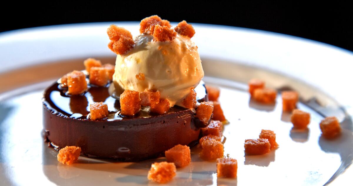 Bittersweet chocolate tartufo with olive oil gelato and olive oil-fried croutons by Nancy Silverton.