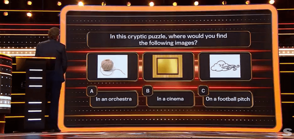 Game show screen showing a cryptic puzzle:  find where a ball of twine, a gold plaque, and a drawing of a cloud with wind would be found.  Options: orchestra, cinema, football pitch.