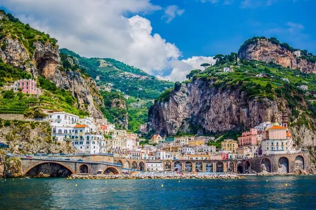 View of the town and the seaside in the summer in Amalfi Coast, Campania, Sorrento, Italy.