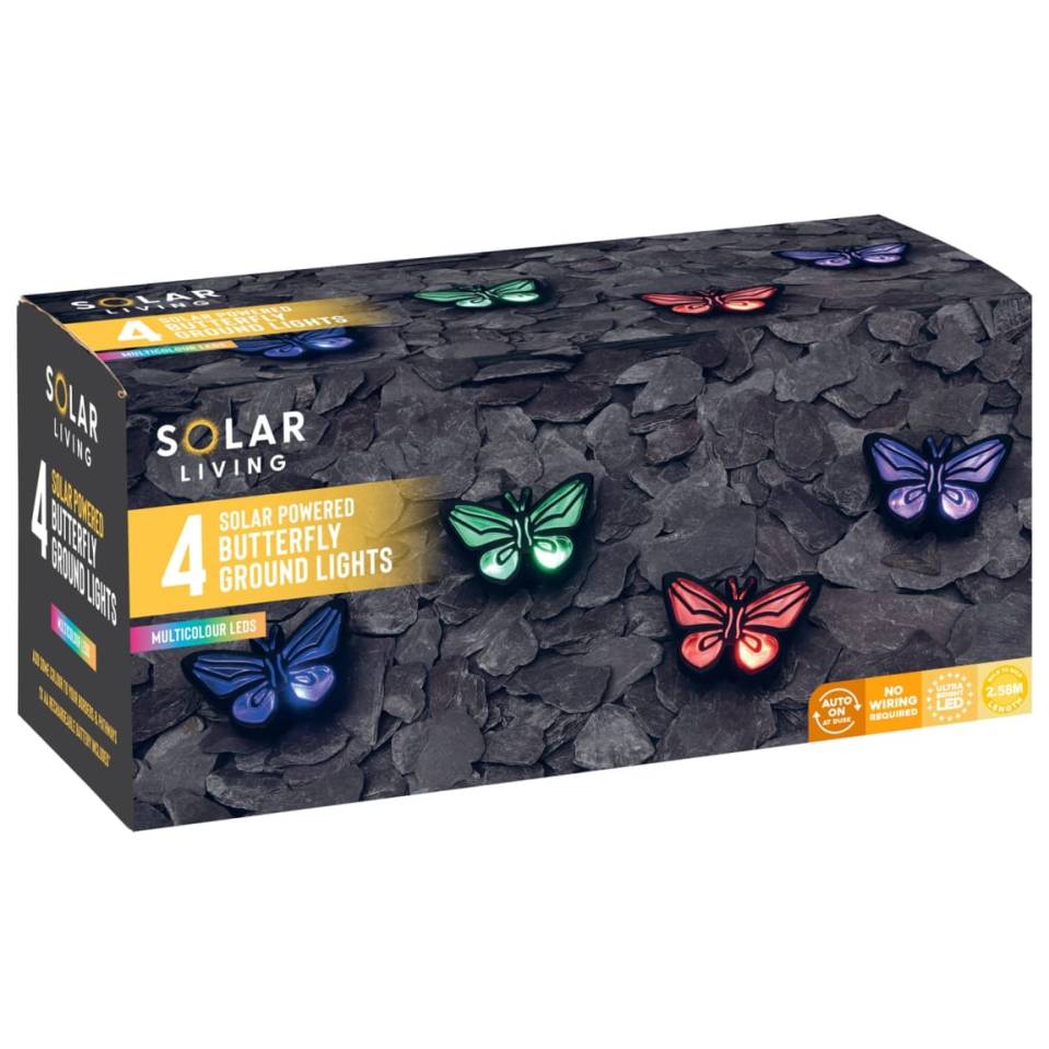 Box of four solar-powered butterfly ground lights.