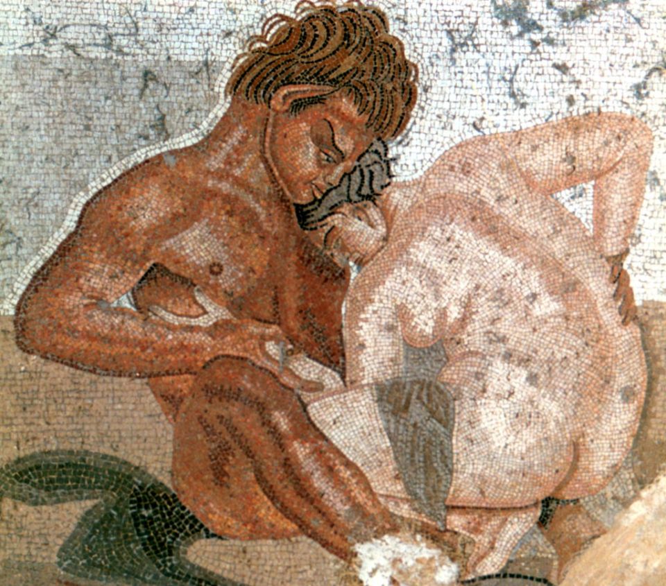 Erotic Satyr and Nymph, wall painting from The House of the Faun, built during the 2nd century BC, in the Roman city of Pompeii. The house partially survived the volcanic eruption of Vesuvius in 79 AD. The house is named for its owners, two successful freedmen: Aulus Vettius Conviva, an Augustalis, and Aulus Vettius. The wall frescos, completed following the earthquake of 62 AD, are in the manner art historians term the 'Pompeiian Fourth Style'. (Photo by: Universal History Archive/Universal Images Group via Getty Images)