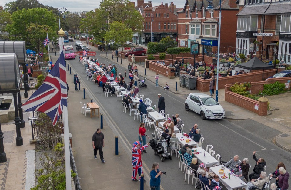 Aerial view of a street party celebrating the 80th anniversary of VE Day.