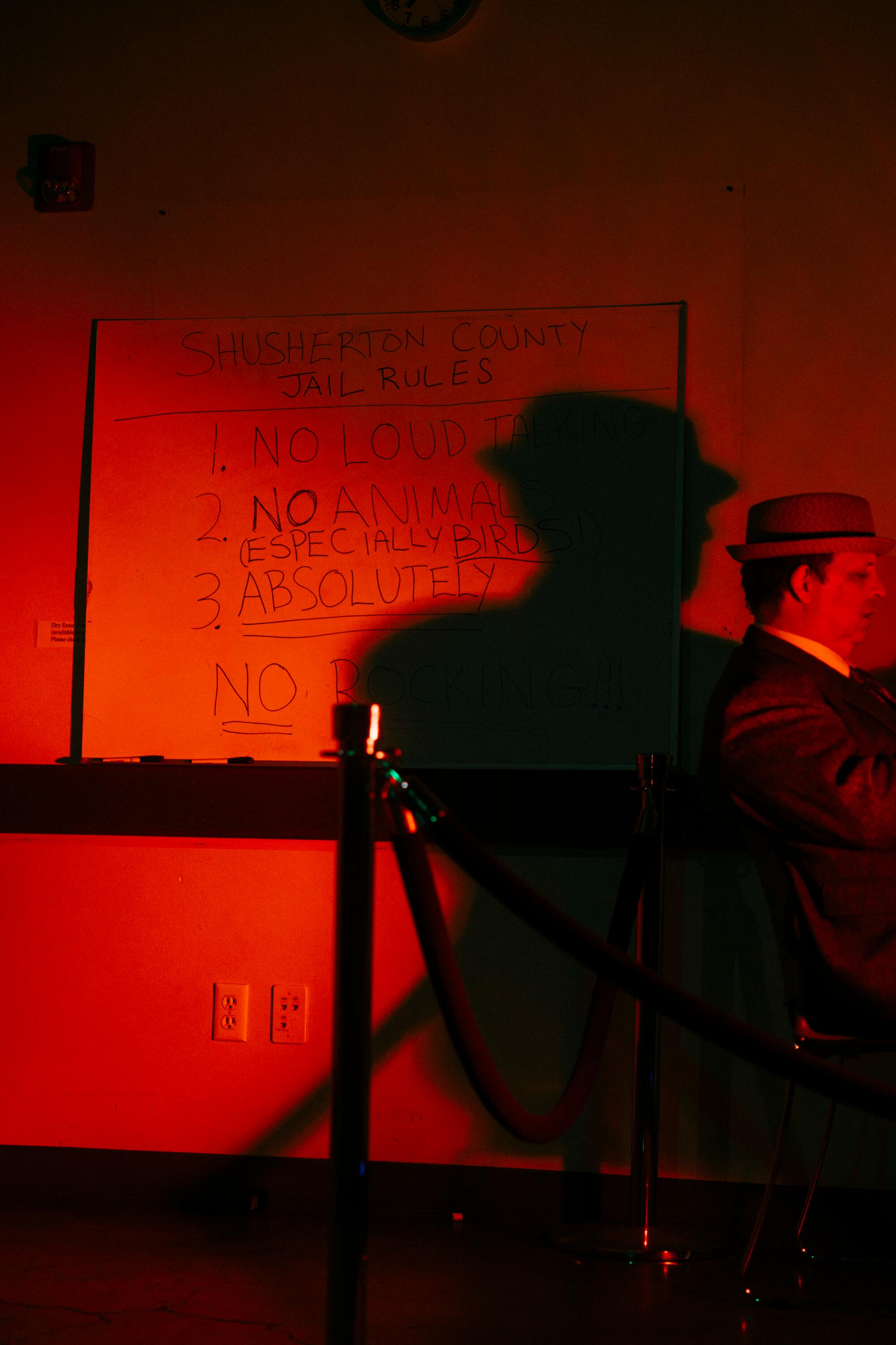 A man's shadow is cast over a white board.