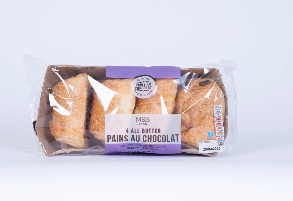 Package of four M&S all-butter pains au chocolat.