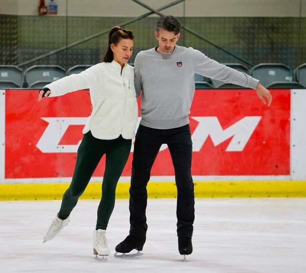 Ferne McCann on  ice with pro skater Brendyn Hatfield.