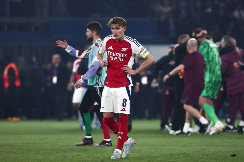 Martin Ødegaard of Arsenal reacts after a Champions League match.
