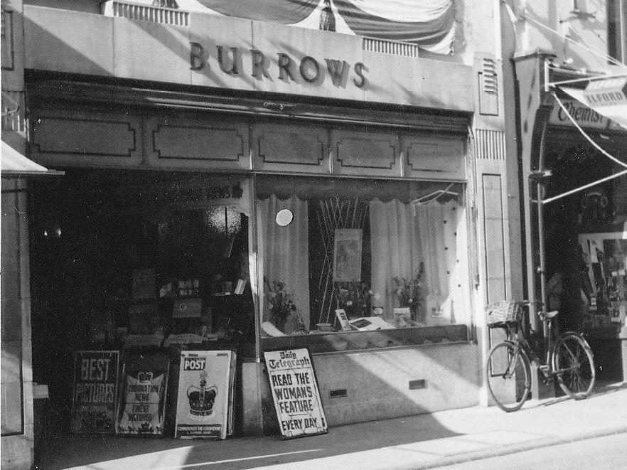 Black and white photo of Burrows newsagents in Ely, Cambridgeshire, in 1953.