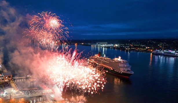 Cunard's Queen Anne leaves the Cruise Terminal on the River Mersey with fireworks going off