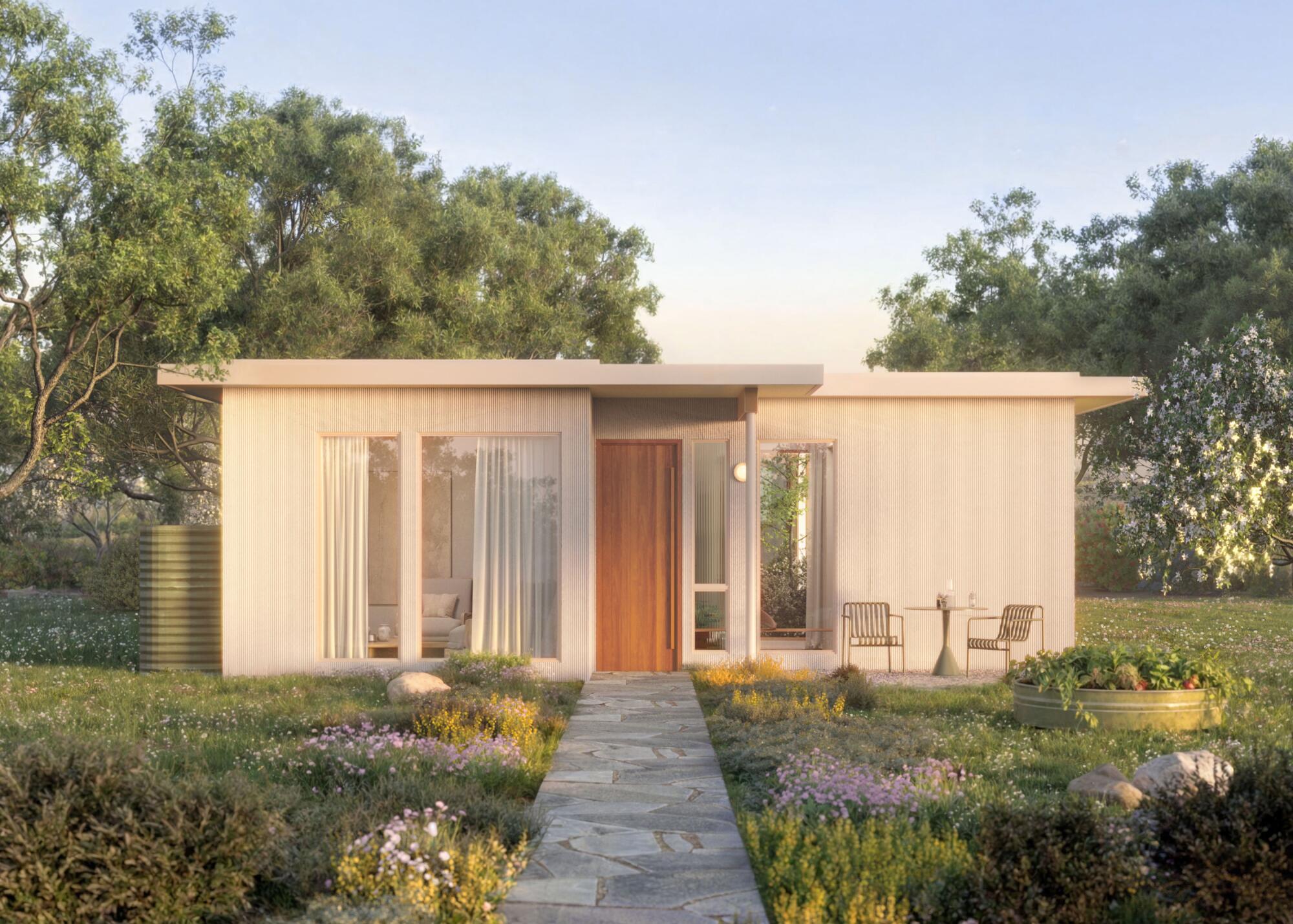 A modest-looking modernist house has tall windows across its facade and a flat roof.