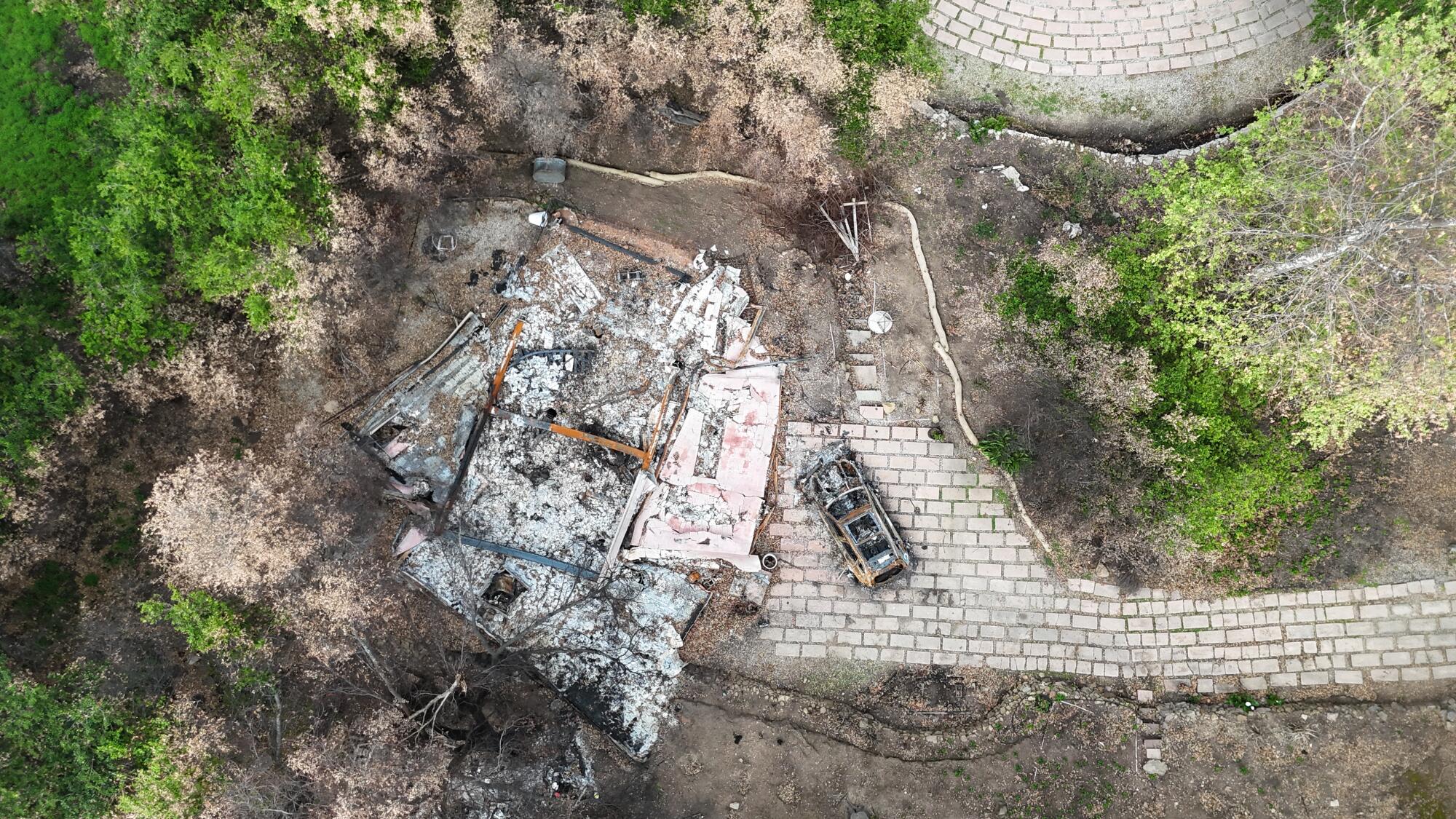 An aerial view of the ruins of Alyson Dutch's rental guest house, which was destroyed in the Palisades fire.