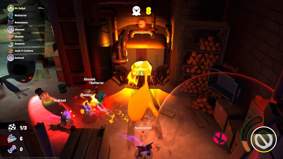Gaming screenshot showing in-game characters and a scoreboard.