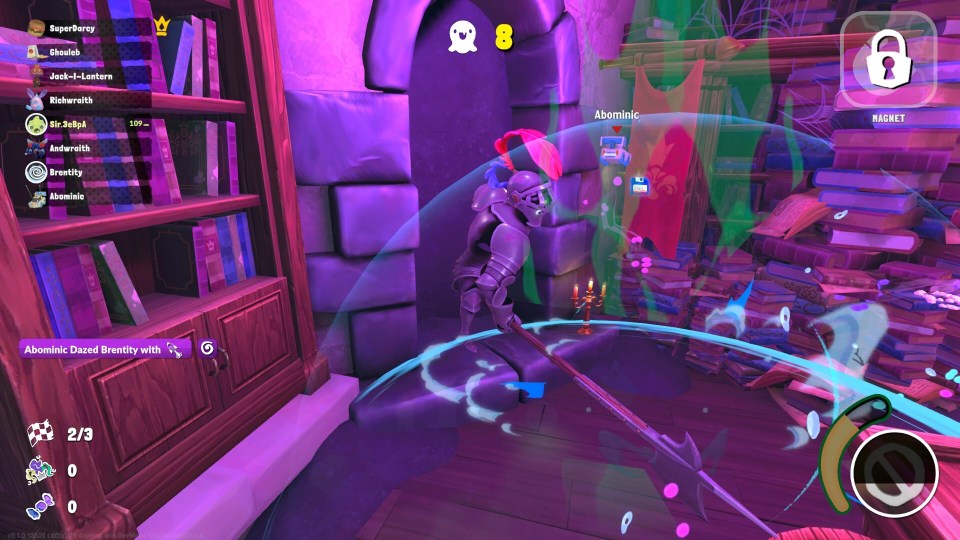 Screenshot of a video game showing a player character in a purple room.