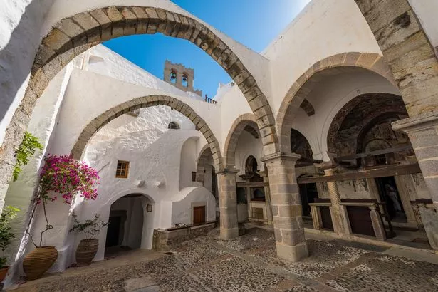 Outside in the courtyard of the monastery St.John the Theologian in Patmos island Greece