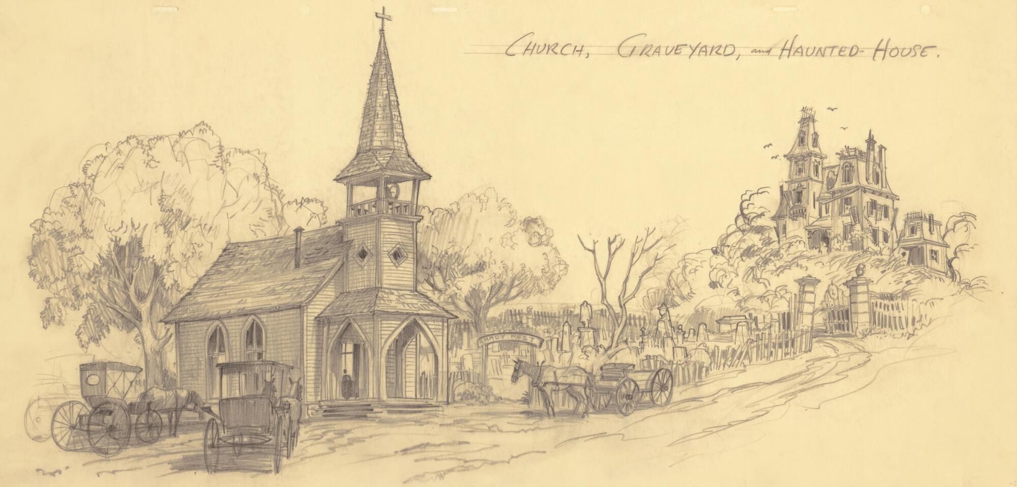 A drawing of a haunted house and a small church.