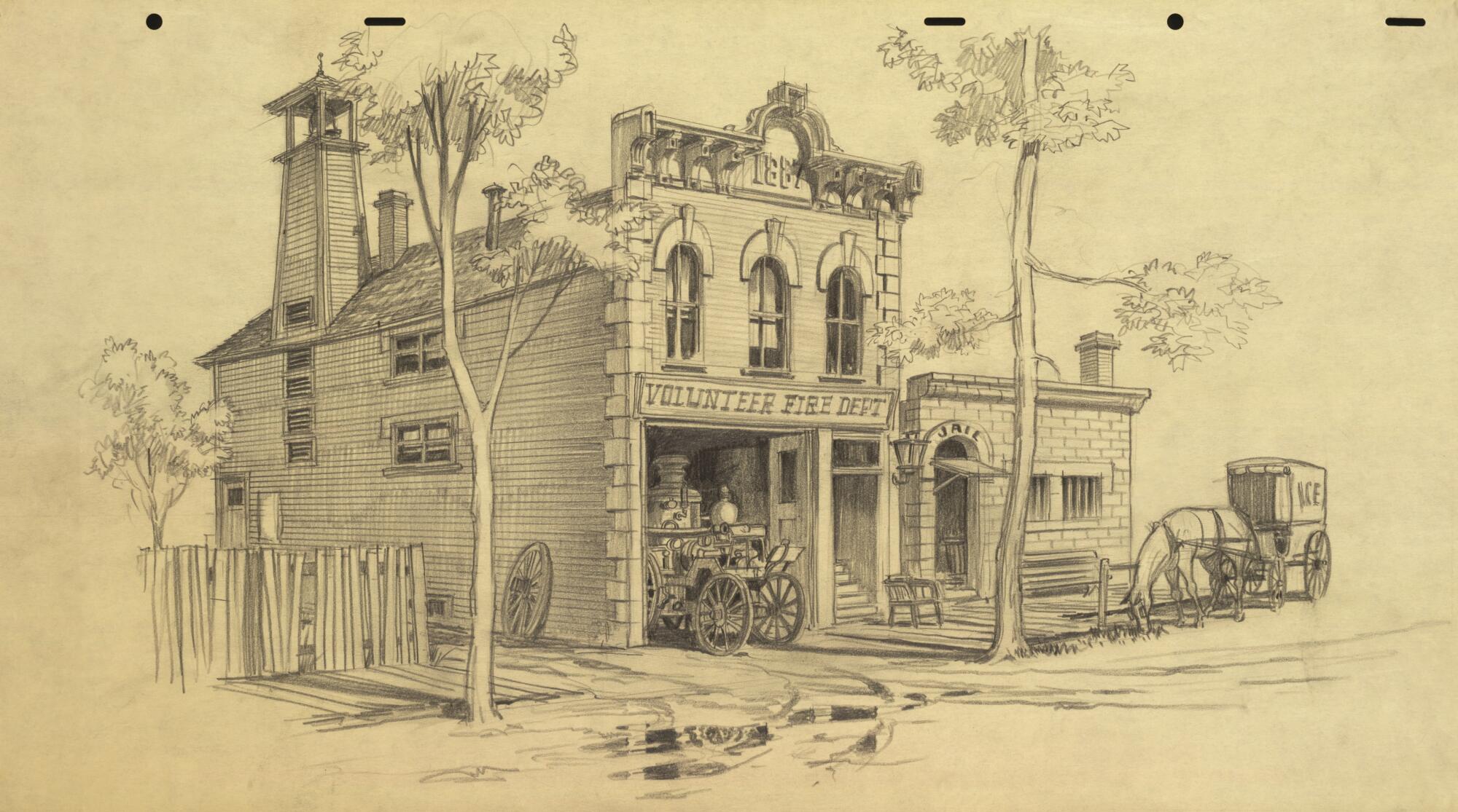 A drawing of a firehouse and a jail.