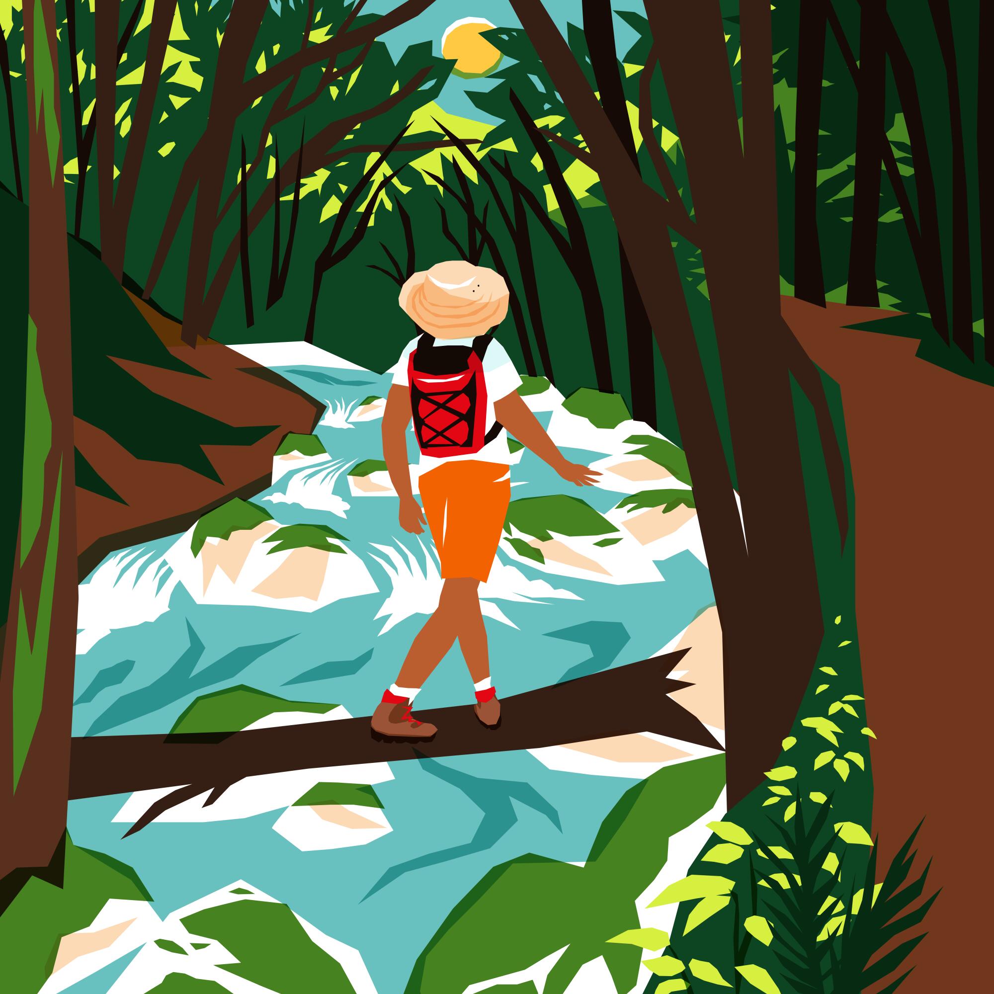 An illustration of a hiker crossing a river over a broken log.