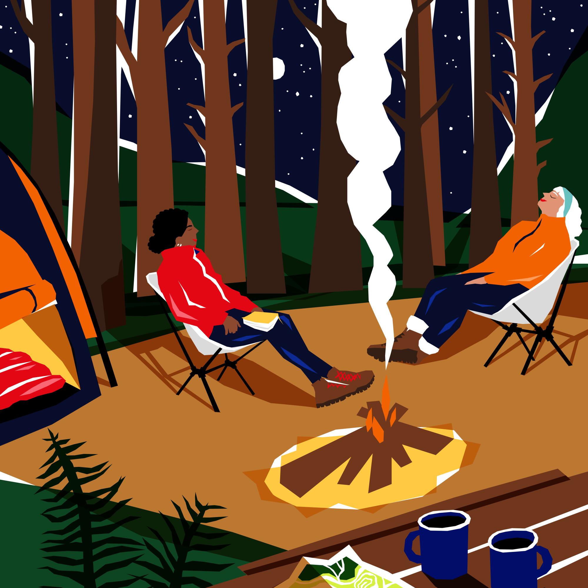 An illustration of two women sitting at a campsite at night.