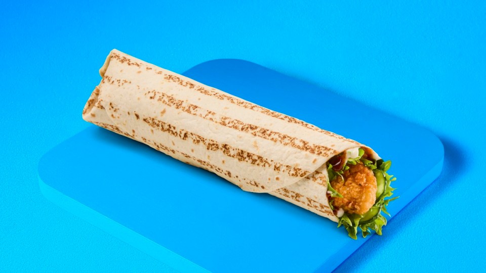 Chicken wrap on a blue plate.