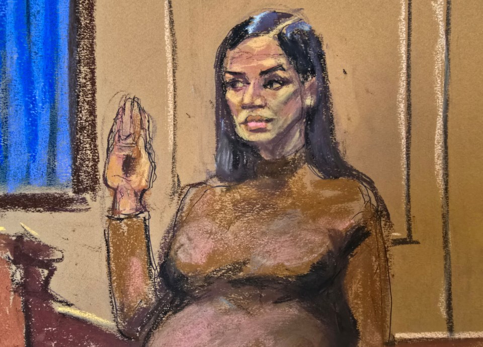 Courtroom sketch of Cassie Ventura testifying.