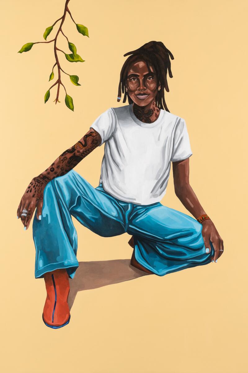 A painting of a Black woman, in a white T-shirt, blue jeans and red boots, crouching next to a branch.