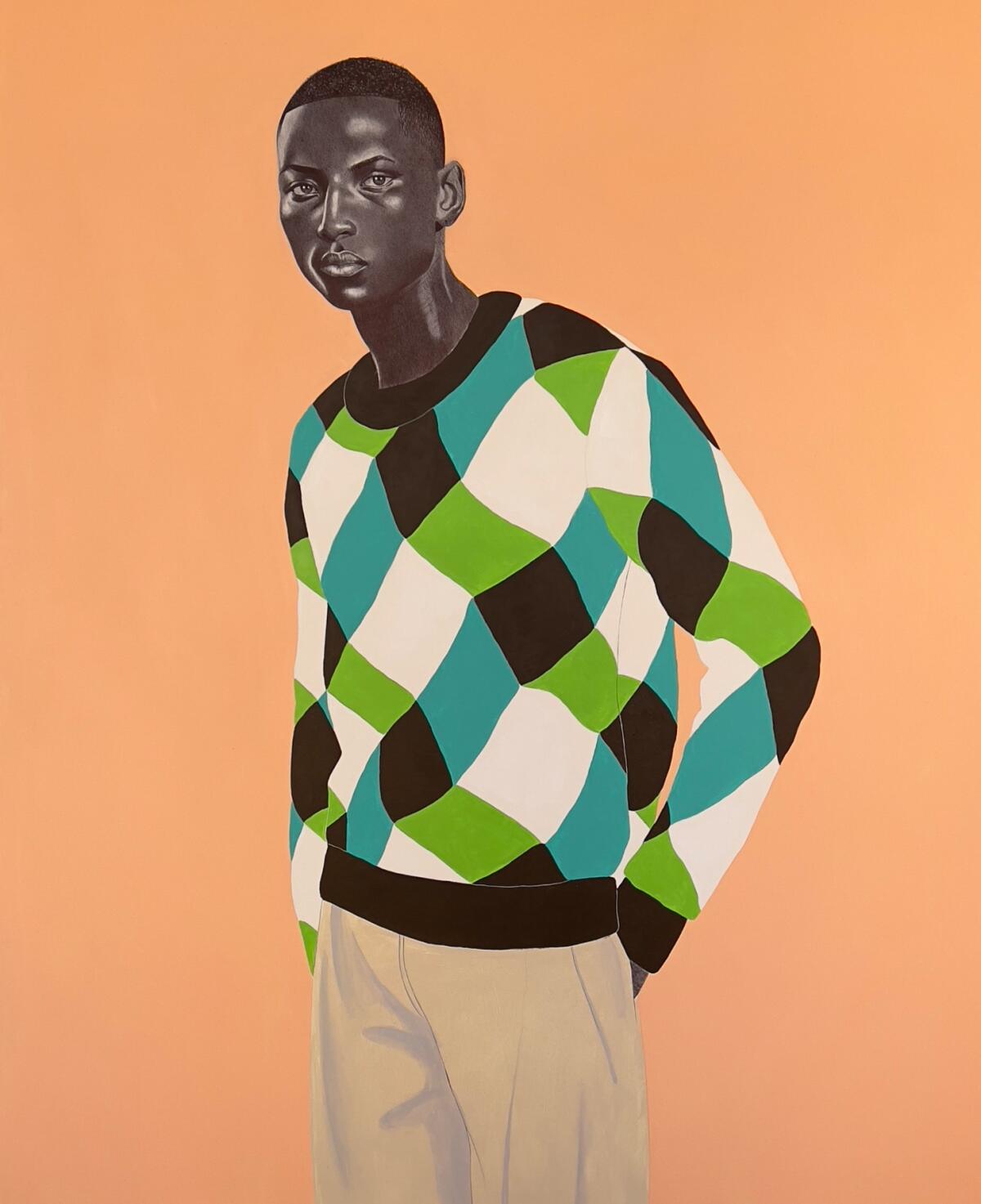Ink and acrylic art of a Black man in a pattered sweater and khakis stranding against an orange background.