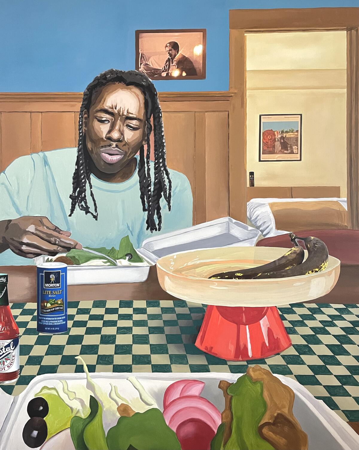 A painting of a Black man eating from a white takeout container.