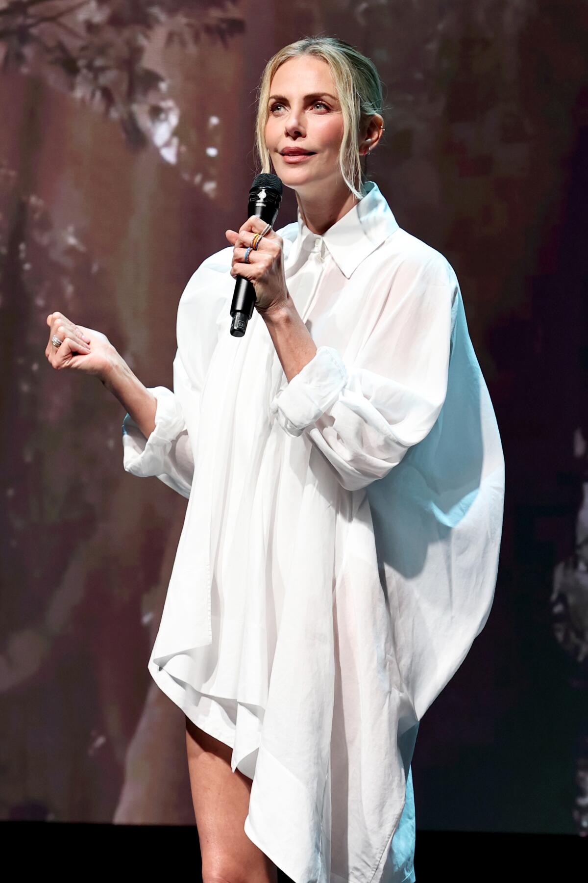 Charlize Theron speaks onstage during Netflix's upfront presentation Wednesday in New York.