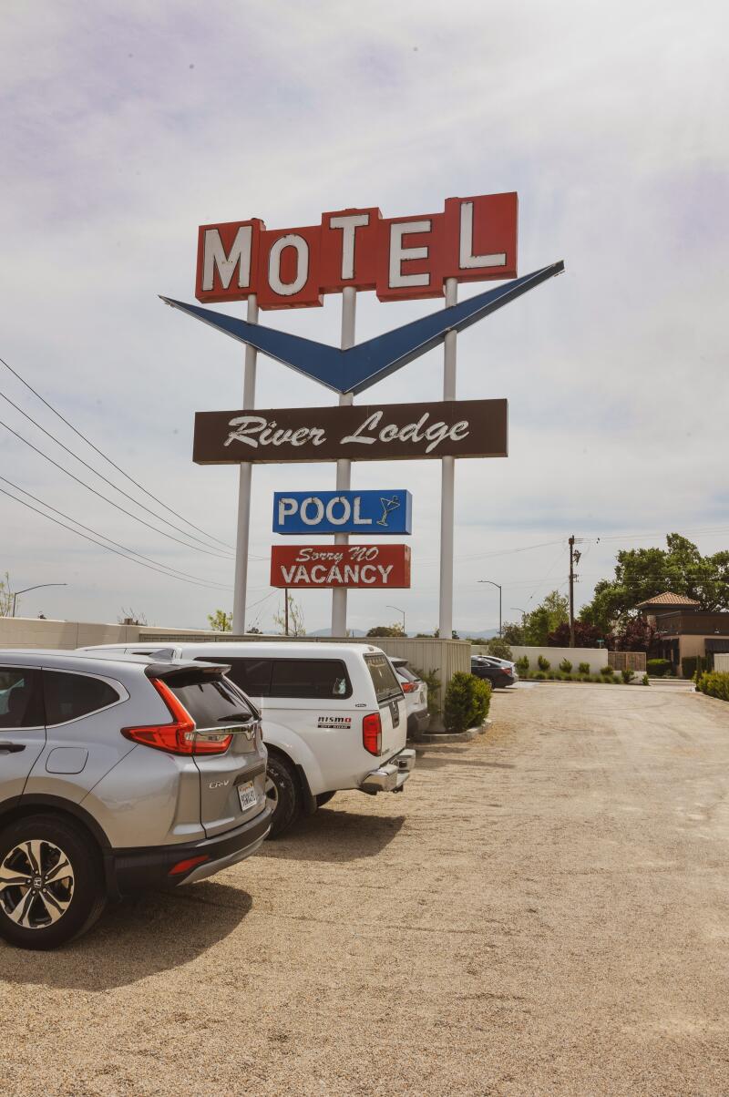 Clockwise, from above: In April 2024, River Lodge reopened as a retro-chic boutique lodging.